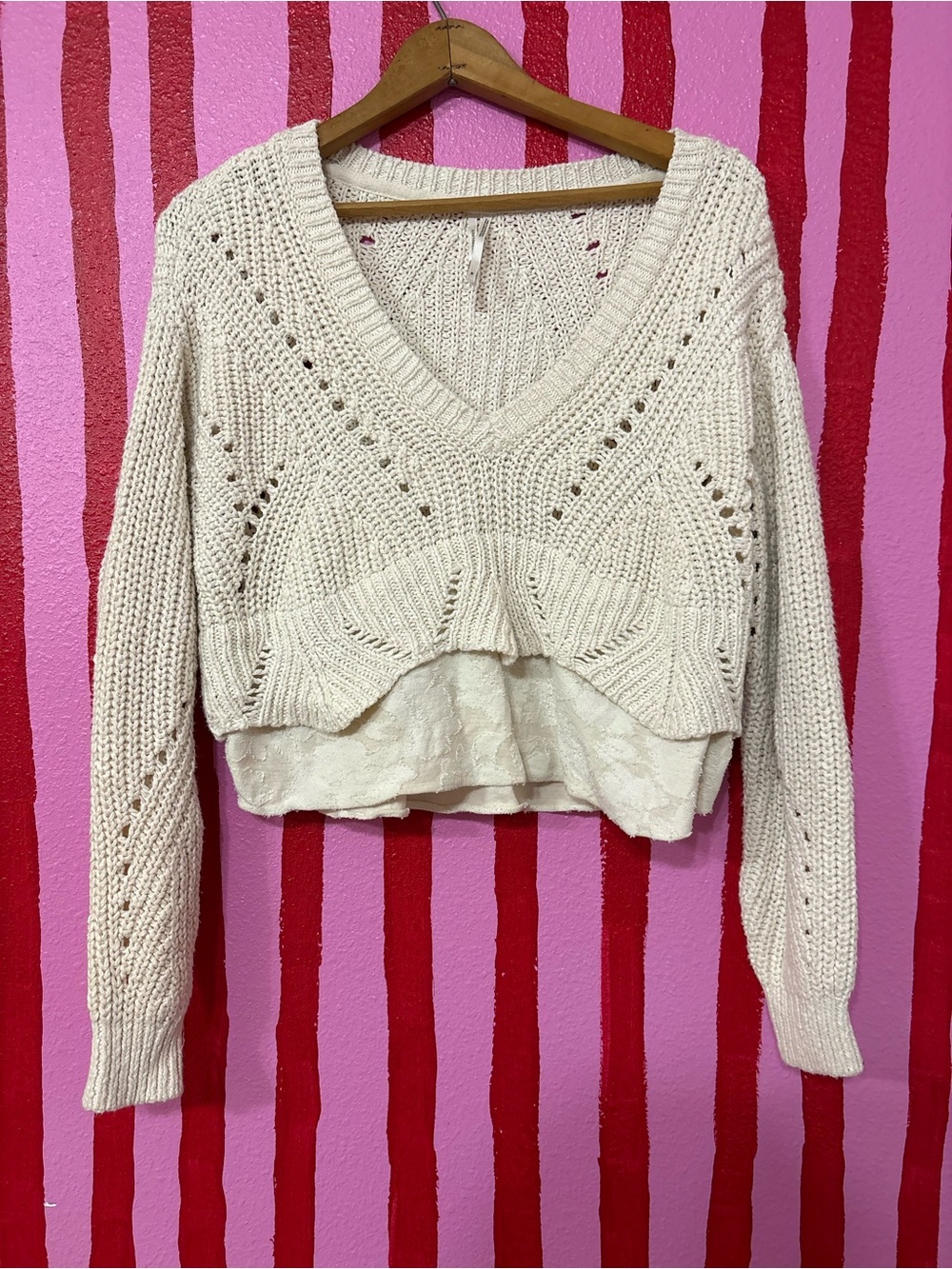 Anthropologie Cream Open-Knit V-Neck Cropped Sweater